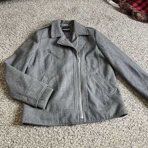 Express Blazer Jacket Womens L Gray Wool Blend Double Moto Full Zip Pockets